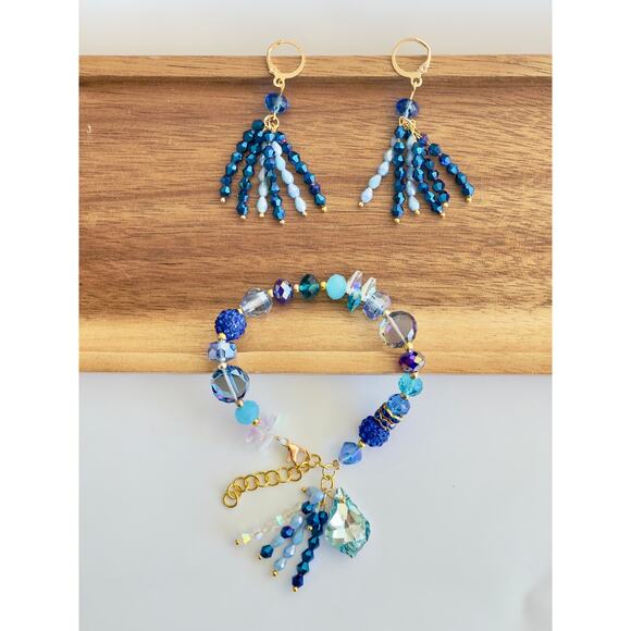 Swarovski Beaded Bracelet & Earrings Set – Blue & Gold Women’s Jewelry Gift - Picture 5 of 15